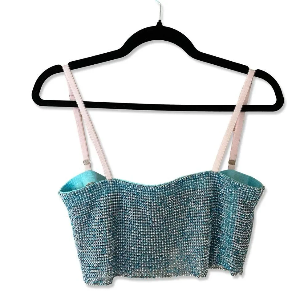 Poster Girl Gracie Crop Top Mix Blue Pearl metal chainmail mesh Revolve NWT